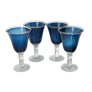 Unbranded Wine Goblets Set of 4 Blue Cobalt Hand Blown Clear Stem 8.5"